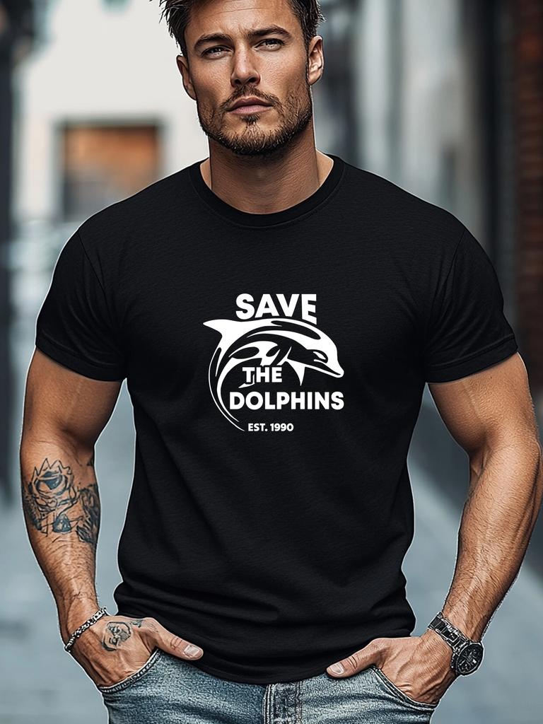 Plus Size Men'S T-Shirt, Relaxed Casual, Easy Leisure, Men'S SAVE THE DOLPHINS Pattern Summer Casual Round Neck Short Sleeve T-Shirt
