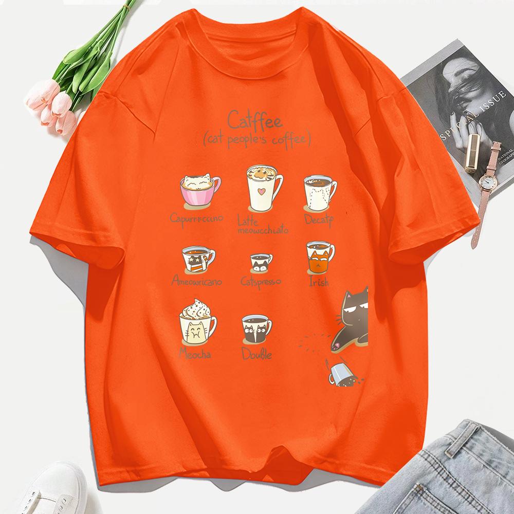 Cat People'S Coffee Illustration Printing T-Shirt Woman Summer Cotton T Shirts Y2K Soft Comfortable Top Unisex Hip Hop Clothes