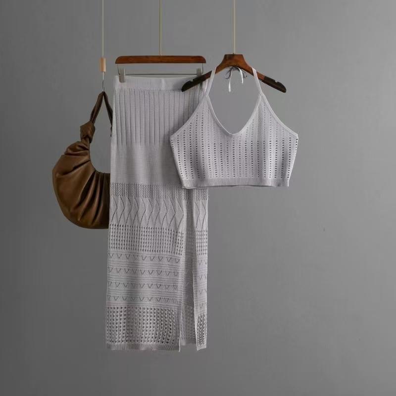 Western Style Sexy Knitted Hollow out Vest Skirt Two-piece Set Knitted Vest and Skirt Set