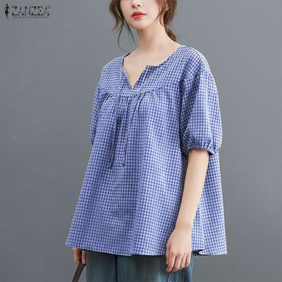Blusa Feminina Casual com Estampa Xadrez, Gola Redonda e Manga Meia