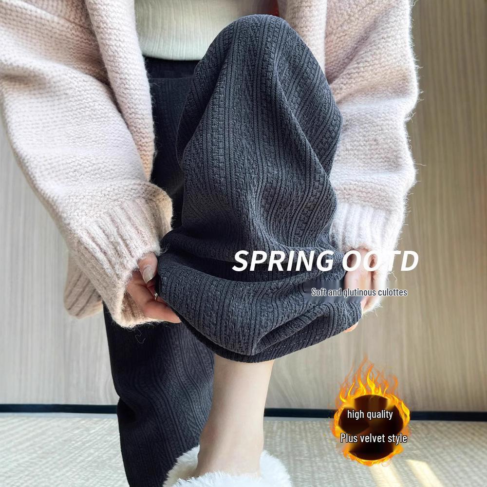 Dark Gray Petite High-Waisted Fleece-Lined Straight-Leg Herringbone Pants for Women - Autumn/Winter.