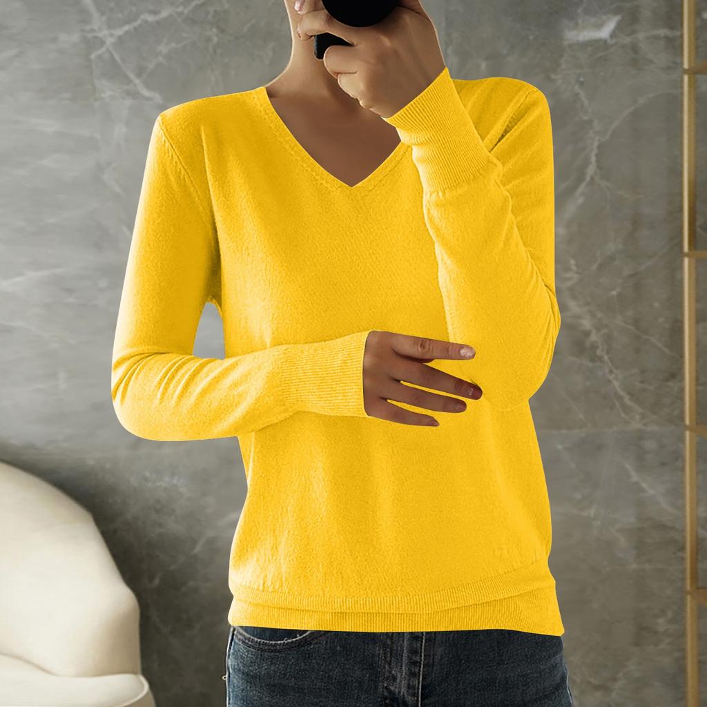 Women's Fashion Loose Knit Sweater Bottom Shirt V-Neck Pullover Long Sleeve Solid Color Top