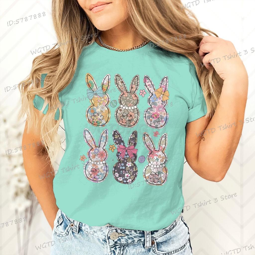 Retro Easter Bunny Floral Design Women Tshirt Graphic Gift for Easter Day Classic Tops Tees Flower Abbit Bunny Vintage T Shirts