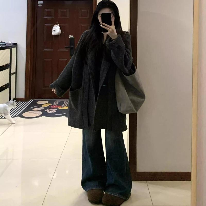 Lazy wind gray lapel hooded sweater jacket women's autumn and winter thickened loose medium and long knitted cardigan top