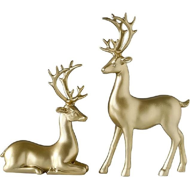 2Pcs Christmas Reindeer Figurines Decorations Resin Sitting & Standing Deer Statues Elk Figurine for Home Table Decor Wine Cabinet (Gold)