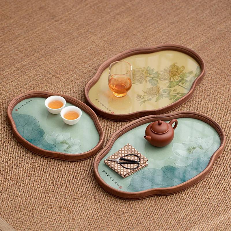 Begonia Glass Lotus Tea TraySmall Chinese Pot Bearing Dry Bubble TableBamboo Premium Tea Storage Tray