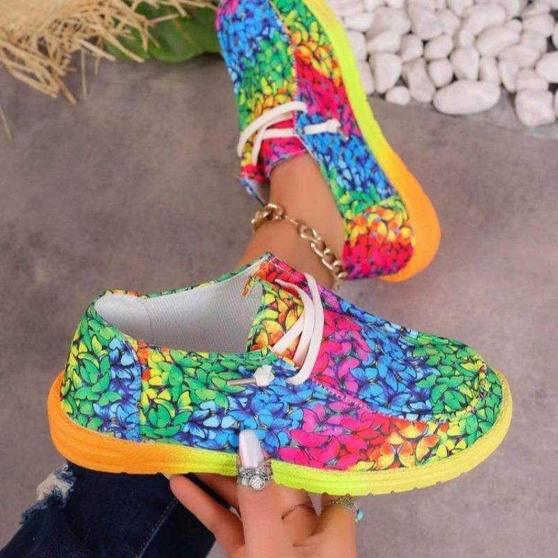 2025 New Plus Size Lace-up Colorful Low Top Shoes Women's Graffiti Lazy Canvas Flat Shoes