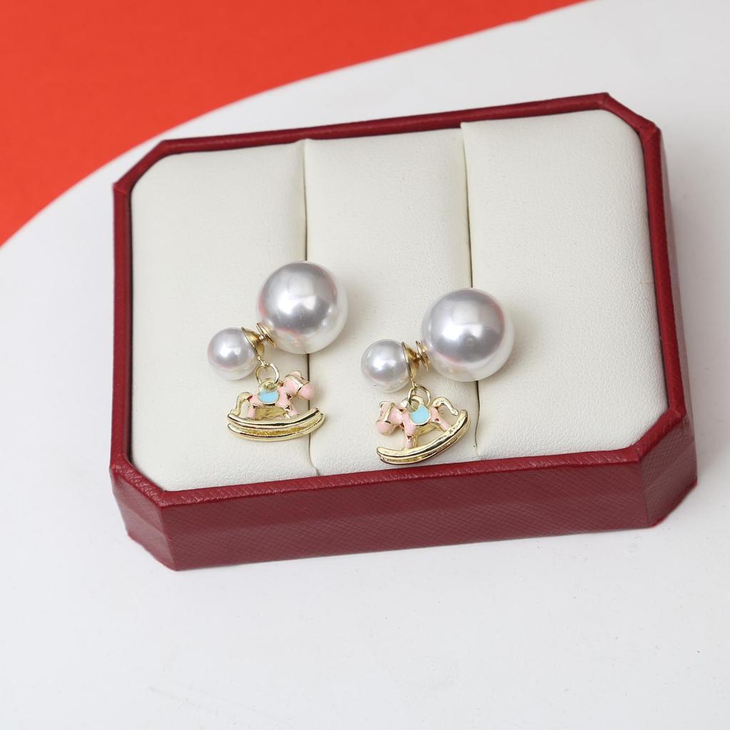 Year of the Horse 925 Sterling Silver Diamond Enamel Stud Earrings with Pearls - Retro High-End Design