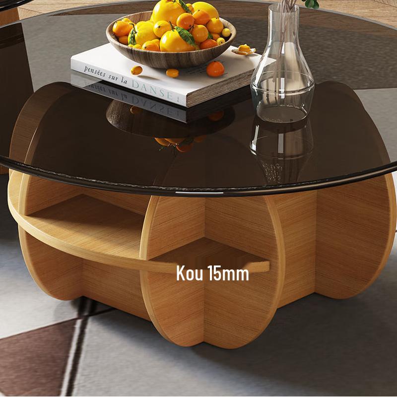 Minimalist Round Wooden Coffee Table with Grey Glass