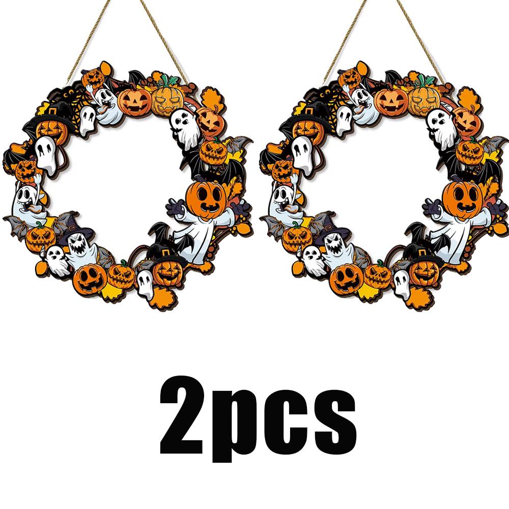 1/2pcs Halloween Pumpkin Bat Ghosts Wreath Wooden Tag Indoor Outdoor Pendant For Festive Party Doors Windows Home Decoration