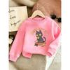 European sizes Cute Printed Pattern Kids' Comfortable Children's Spring Lightweight Round Neck Sweatshirt with Cat Eating Pizza Design