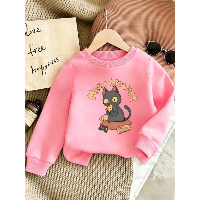 European sizes Cute Printed Pattern Kids' Comfortable Children's Spring Lightweight Round Neck Sweatshirt with Cat Eating Pizza Design