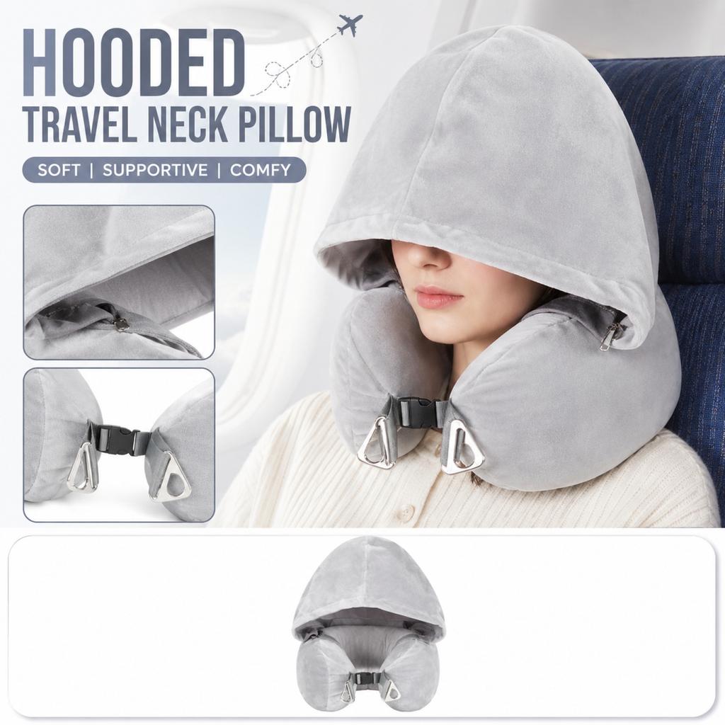 Hooded U-Shaped Travel Neck Pillow with Foam Beads Multi-Functional Portable Nap Pillow for Outdoor and Travel Support