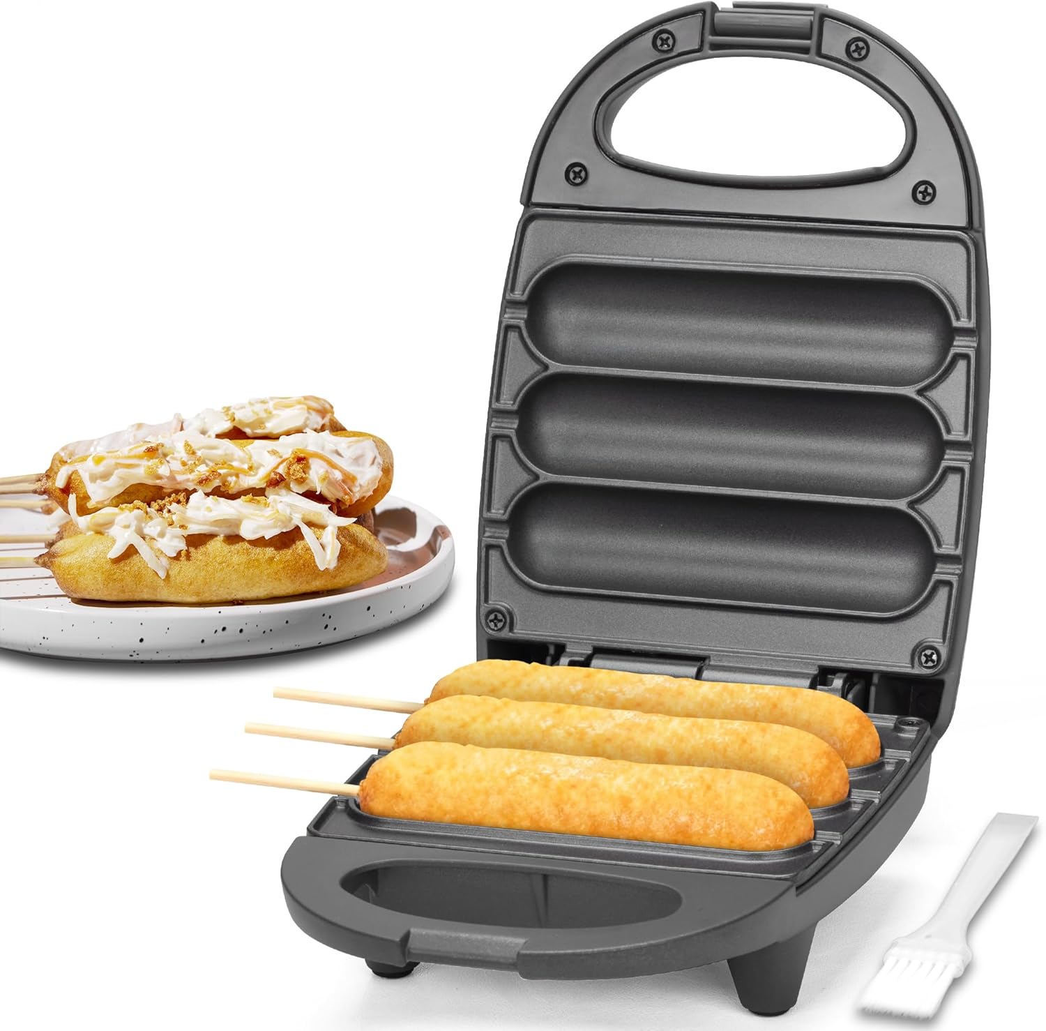

Electric Corn Dog Maker, Fryer for 3 Mini Corn Dogs on Stick, Cheese Mozzarella Sticks & Treats, United States