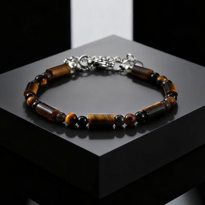 Fashion Classic Natural Stone Beaded Bracelet for Men, Adjustable Stainless Steel Chain Wristband, Agate Tiger Eye Jewelry Gift