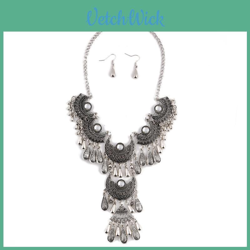 Vintage Water Drop Necklace Earrings Set With Alloy Pendant And Multilayer Chain For Retro Jewelry Enthusiasts