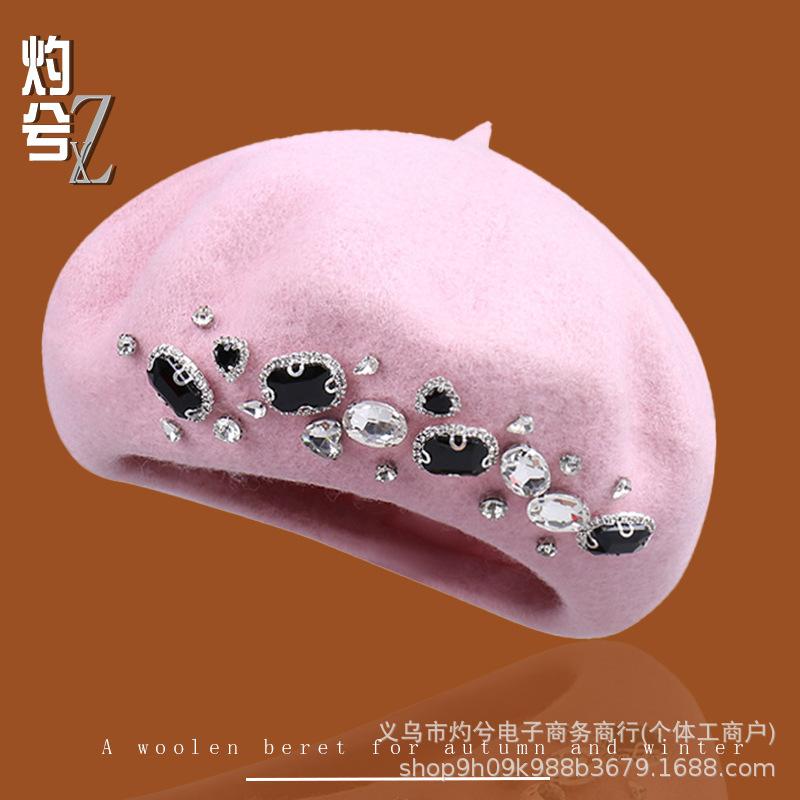 Autumn and Winter Literary and Artistic Solid Color Diamond-encrusted Fashion Wool Beret Women's Outdoor Shopping Versatile Face Small Painter Hat D