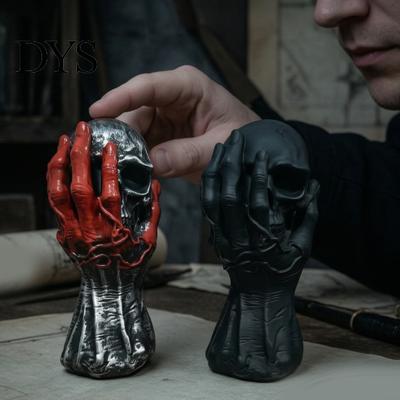 Handcrafted Bone Texture Statue Halloween Skull Figurine, Skeleton Hand Holding Statue, Gothic Dark Aesthetic Room Accents Head Sculpture for