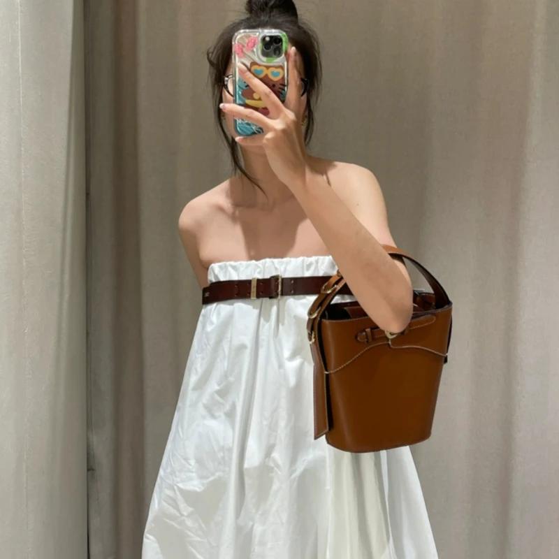 Vintage Buckle Design Women's Bucket Bag Solid Color Pu Leather Lady Daily Commuting Shoulder Crossbody Bag Autumn New Arrivals