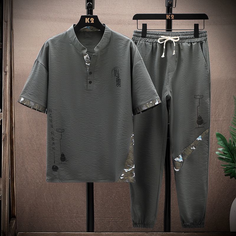 (Shirt + Trousers) 2024 Summer Fashion Men Shirt Cotton Shirts Men s Sets High Quality Shirts Two Piece Size 4XL серый