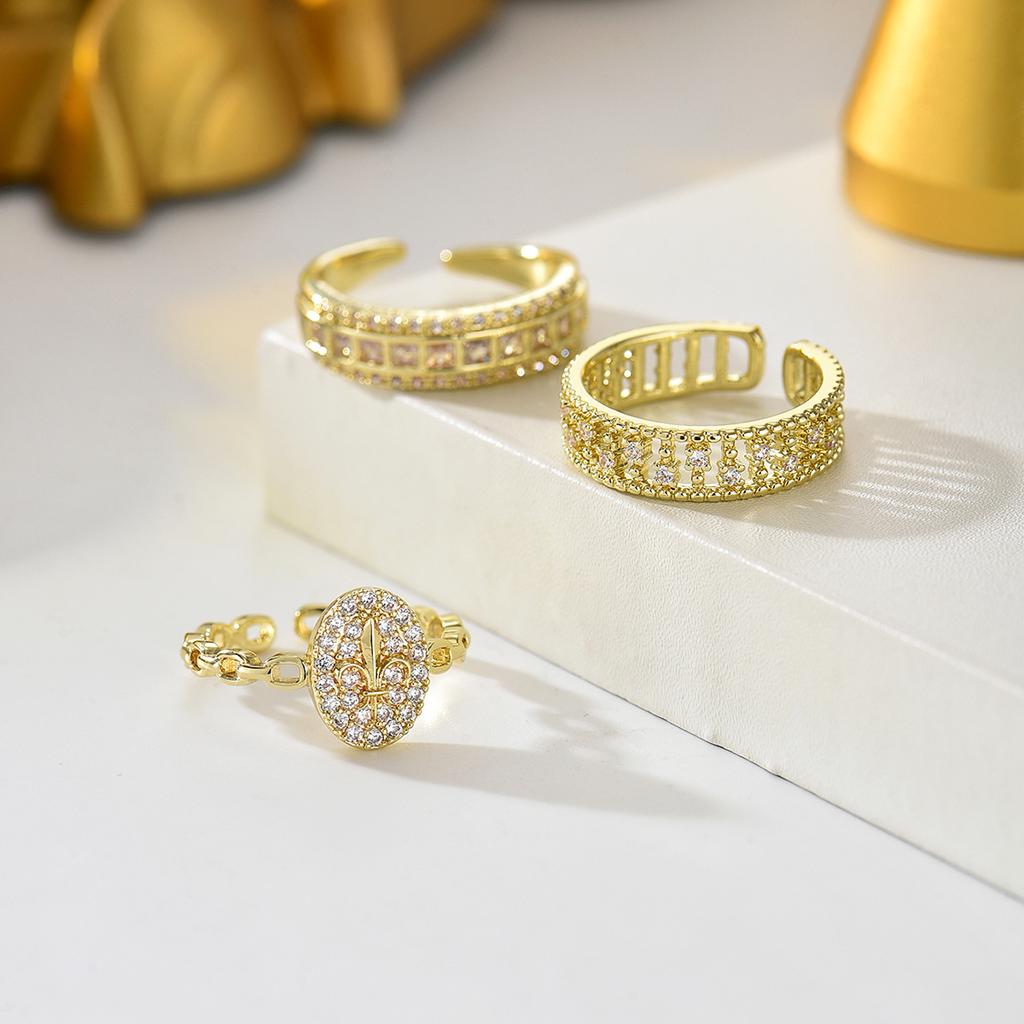 Dainty Gold Color Ring Minimalist CZ Paved Chain Link & Textured Adjustable Open Rings For Women Everyday & Casual Wear