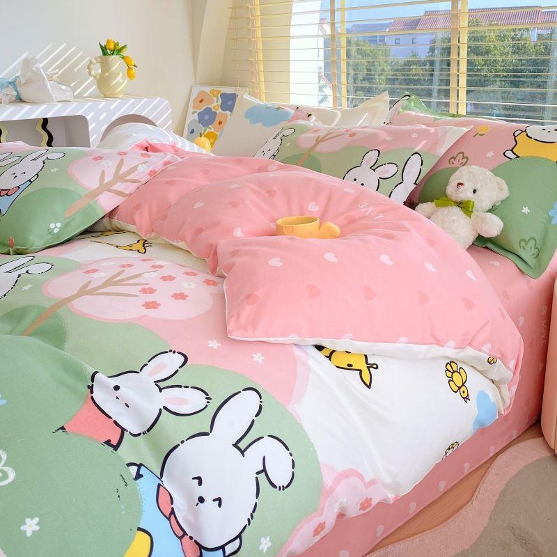 Thickened Pure Abraded Four-piece Set, Single Double Skin-friendly Twill Bed Sheet, Quilt Cover, Dormitory Three-piece Set, Bedding