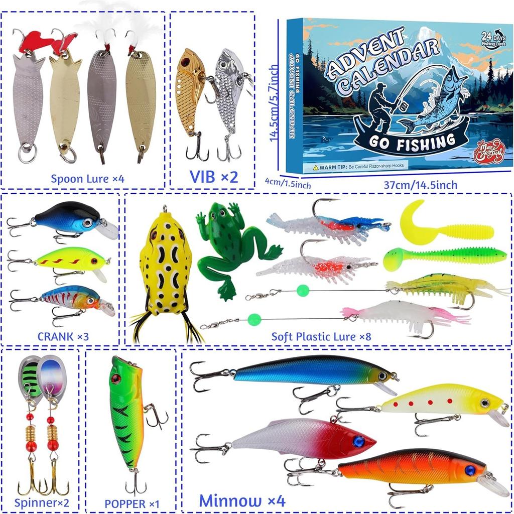 Fishing Tackle Advent Calendar Fishing Lures Set Fishing Gear Countdown Calendar Adults Kids Men Women Christmas Fish Bait Gifts