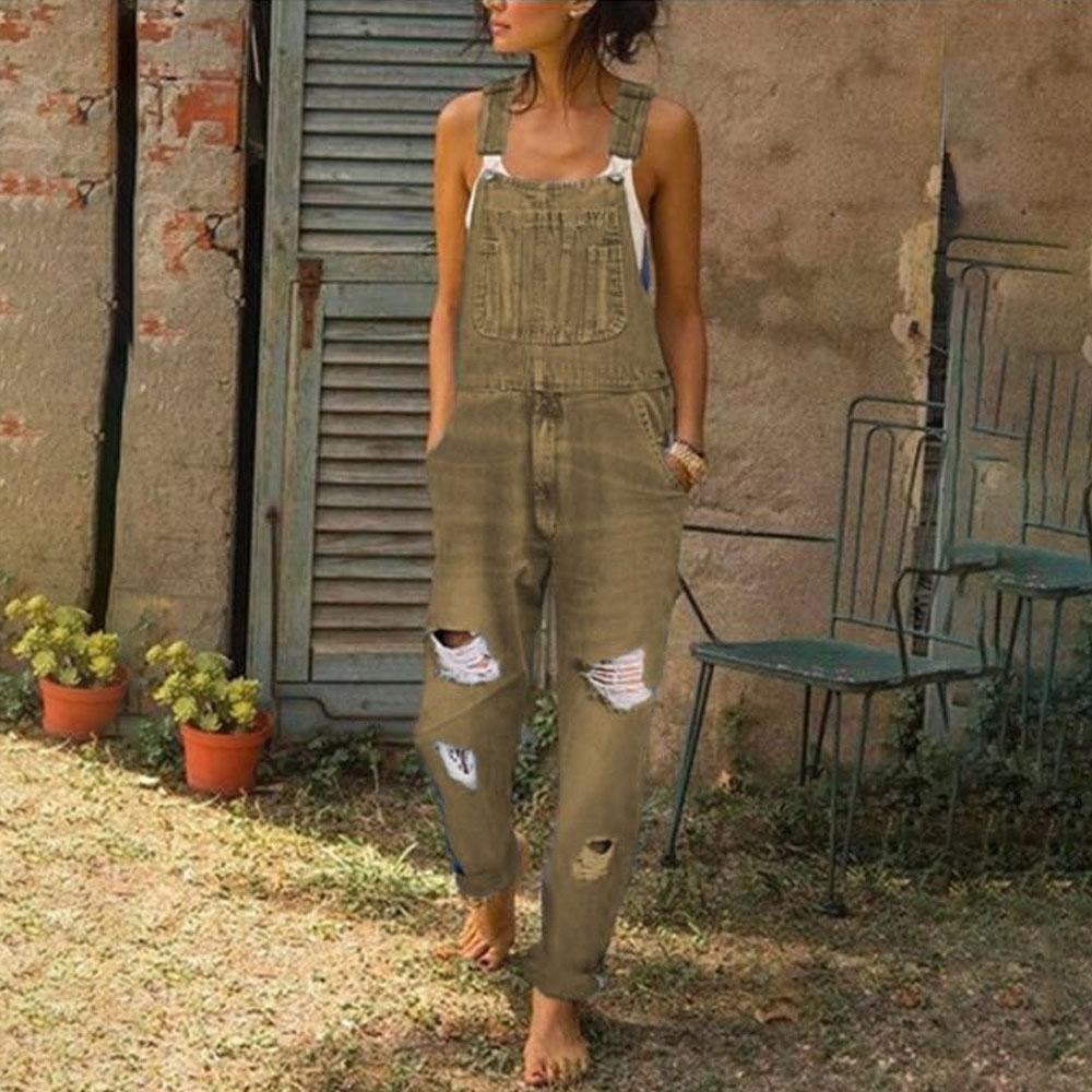 Kadın Retro Denim işçi tulumu Kot Tulumlar ve Tulum Bayanlar Yırtık Delik Rahat Streç Uzun Tulum Cepler Tulum