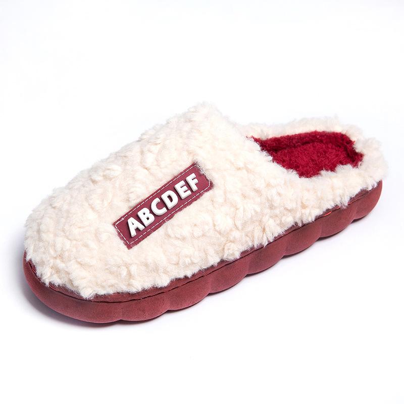 New letter-marked cotton slippers men's solid color simple velvet thickened winter home warm feet couple slippers