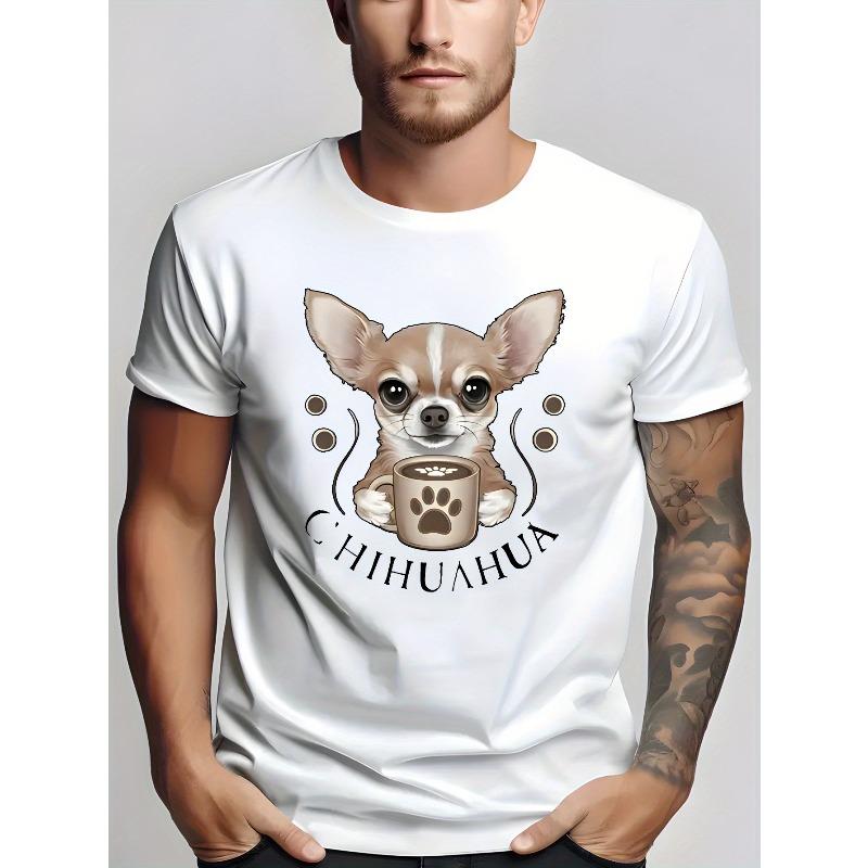 

Мужская футболка с коротким рукавом и логотипом с принтом чихуахуа - Повседневная летняя футболка с круглым вырезом, Обычный крой, Повседневная одежда для мужчин, Базовый топ на каждый день S белый
