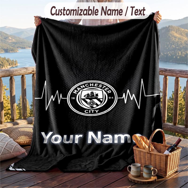 Flannel Blanket Manchester City Print Custom Name Text Soft Throw for Sofa Bed