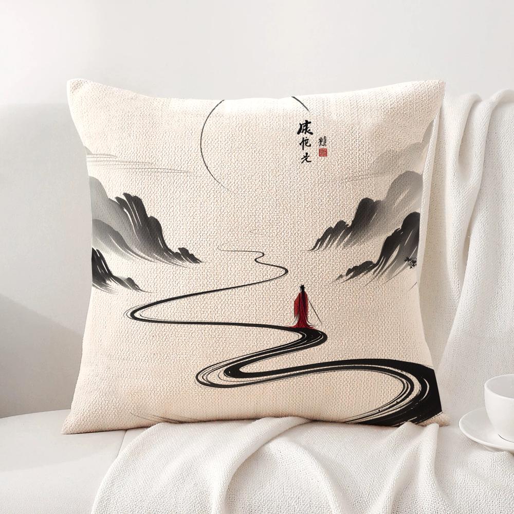 Chinese Ink Painting Style Cushion Cover Natural Linen Organic Fabric DoubleSided Printing Sofa Home Decor Breathable 30x30cm