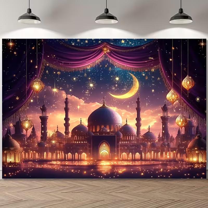 2D Elegant Islamic Tapestry, Night Mosque with Golden Lanterns