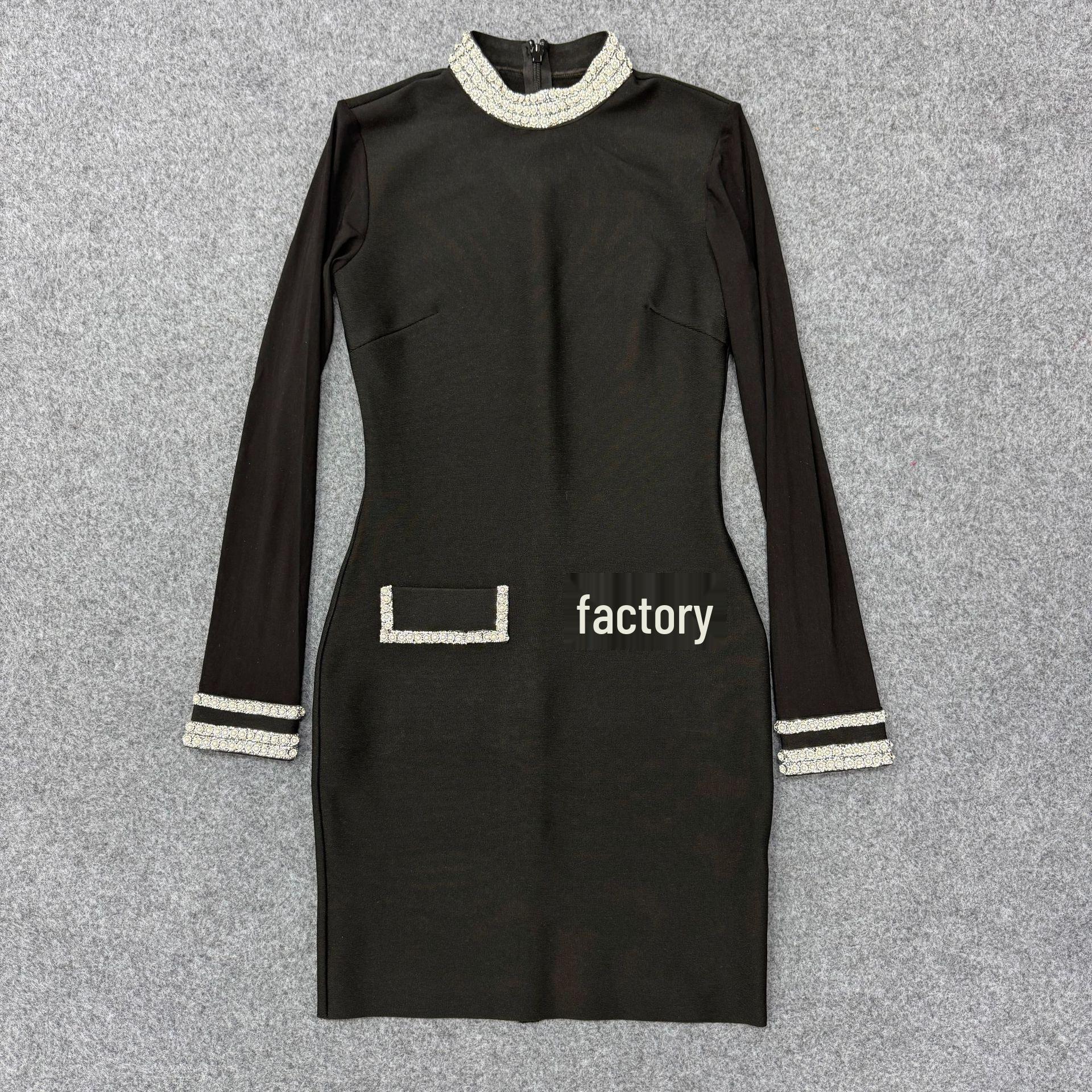 Women s Elegant Rhinestone Round Neck Long Sleeve Bandage Evening Dress Medium чёрный