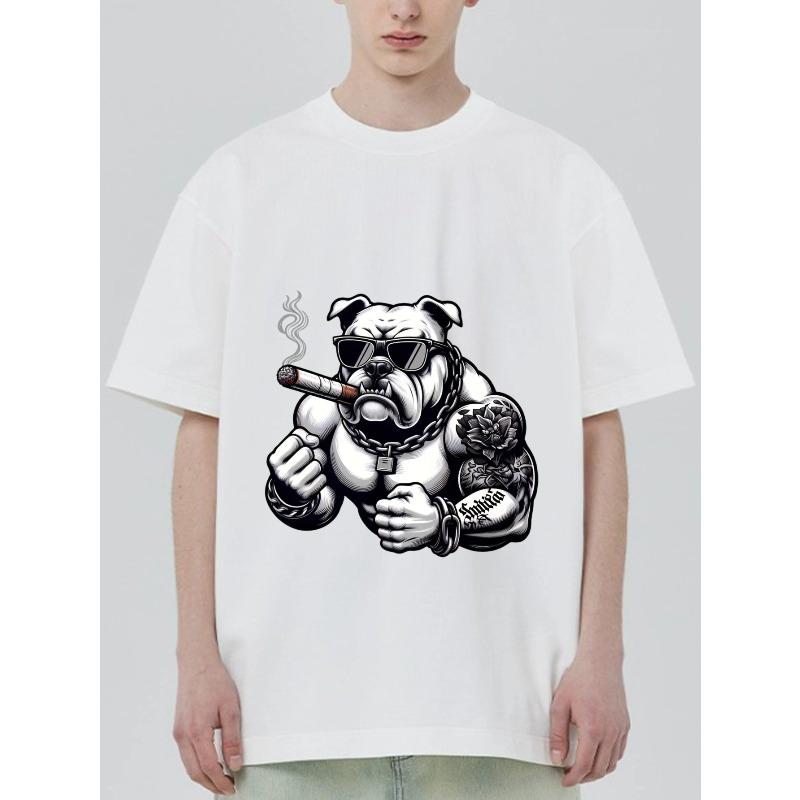 Black T Shirt with Bulldog Smoking Cigar Tattoo Design for Casual Streetwear Style