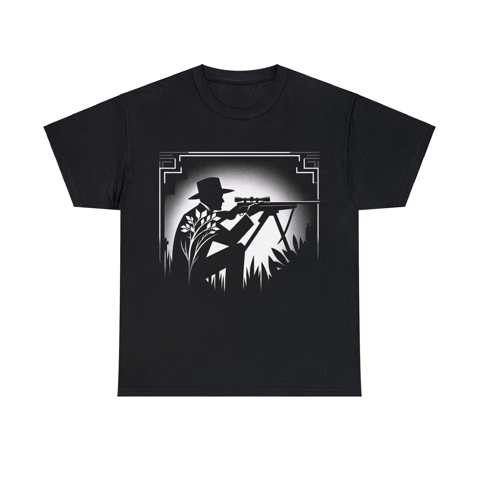 

Unisex Adult T Shirt Designer Black White Vintage Art Deco Hunter Silhouette Tee S