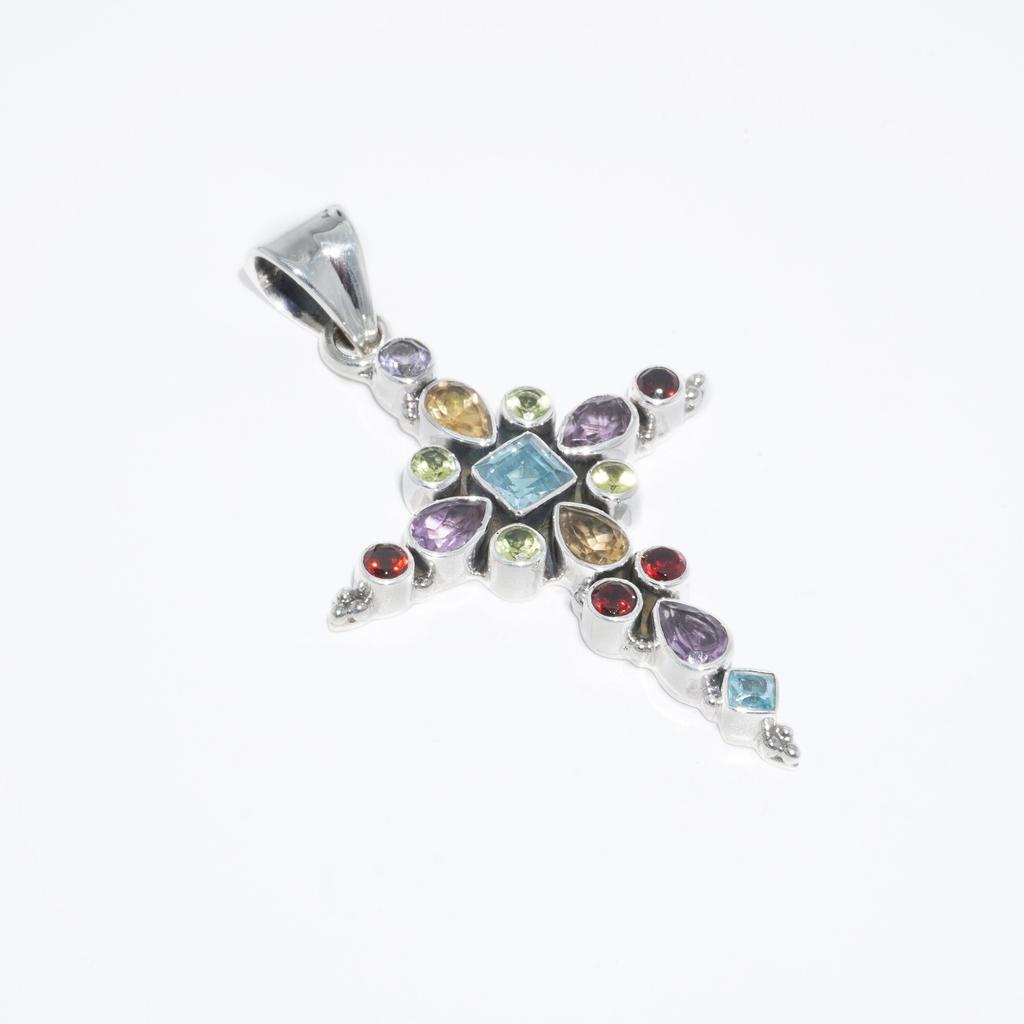 Ciondolo a Croce con Pietre Multiple: Ciondolo Spirituale in Argento Sterling 925