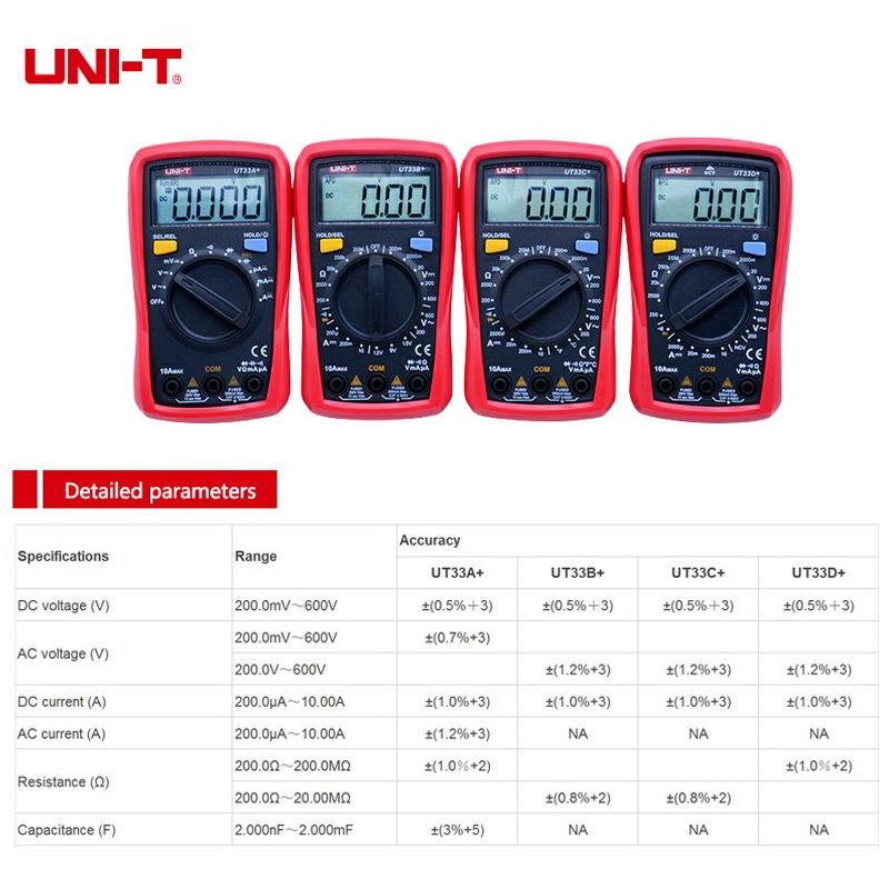 UNI-T UT33A+ UT33B+ UT33C+ UT33D+ Palm Size Multimeter CAT II 600V LCD Display Test Lead Hanging Groove Ergonomic Design