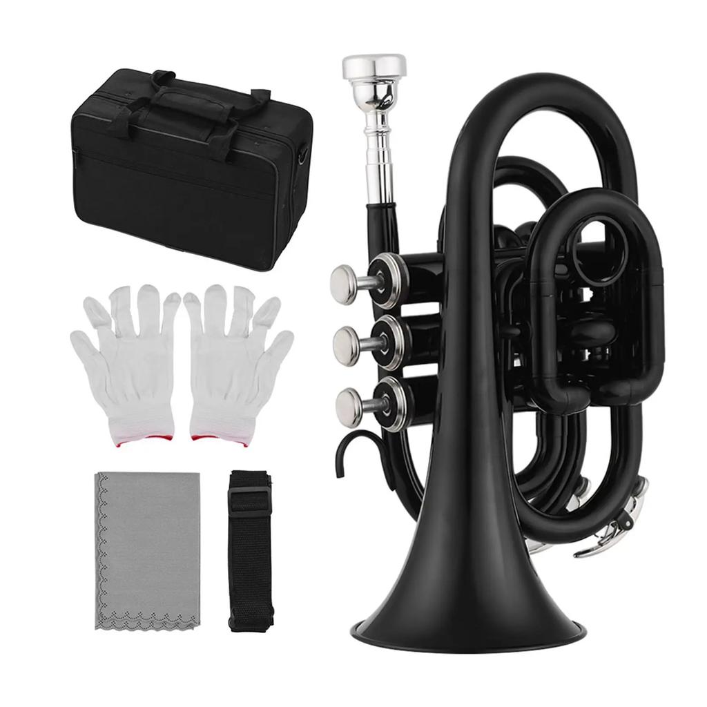 Mini  Trumpet Bb Flat Brass Material Wind Instrument with Mouthpiece Gloves Cleaning Cloth Carrying Case  Trumpet