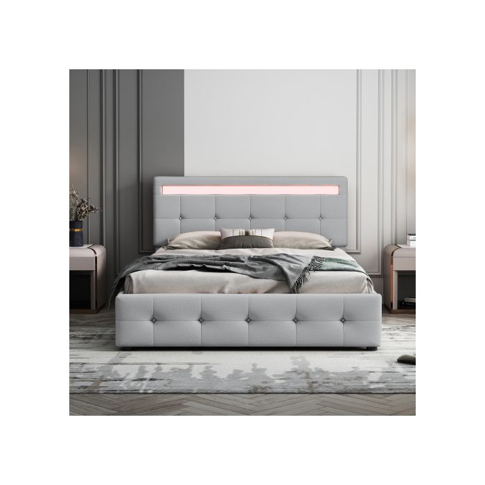 Bed - MUVOE - 140 X 200 Cm - Padded with LED - 4 Drawers - Grey
