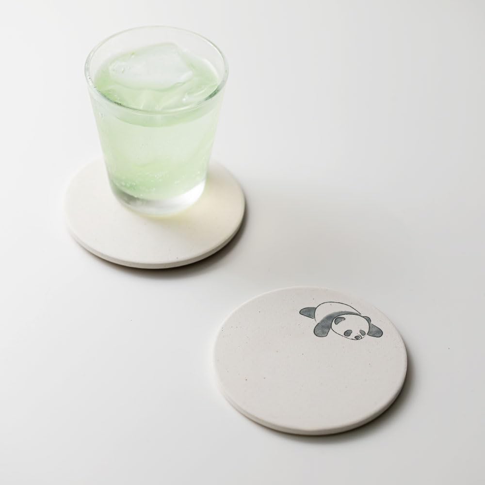 &NE Ceramic Diatomaceous Earth Coaster, Panda, Lazy, White, 1 Piece, 9.7cm Diameter X 0.6cm Thick, Absorbent Coaster, Made In Japan, Mino Ware,