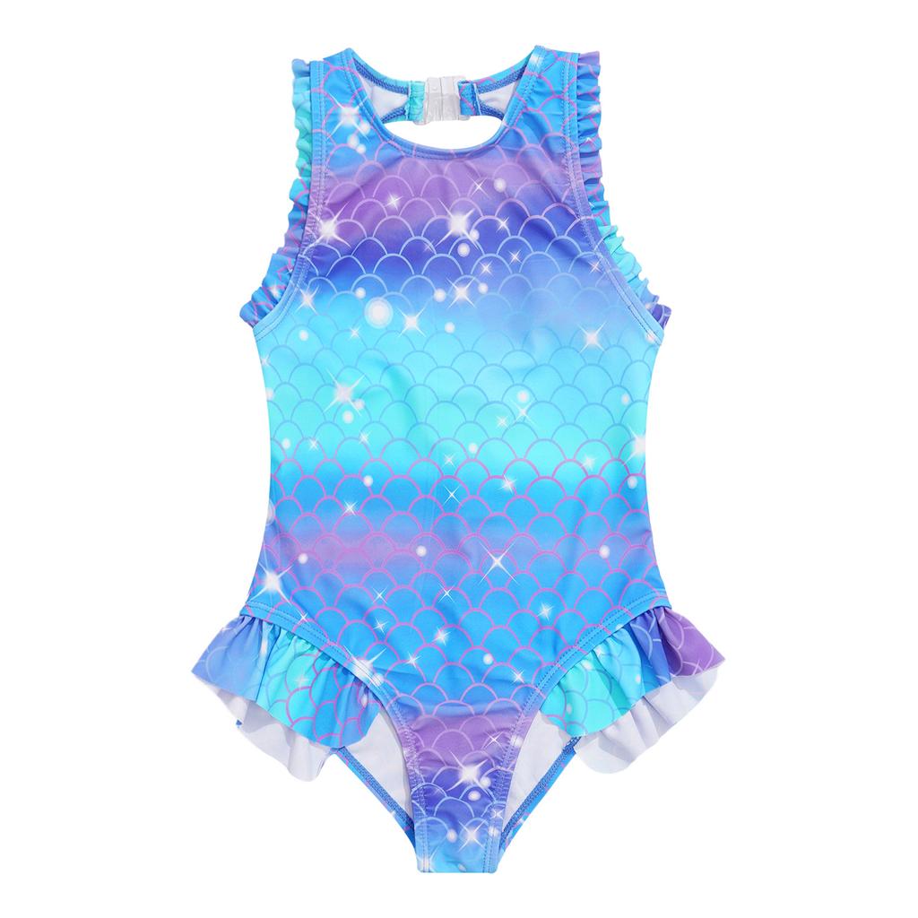 Girls Mermaid Bathing Suit Sleeveless Open Back Design Fish Scales Print Ruffle Jumpsuit Athletic Swimwear Set