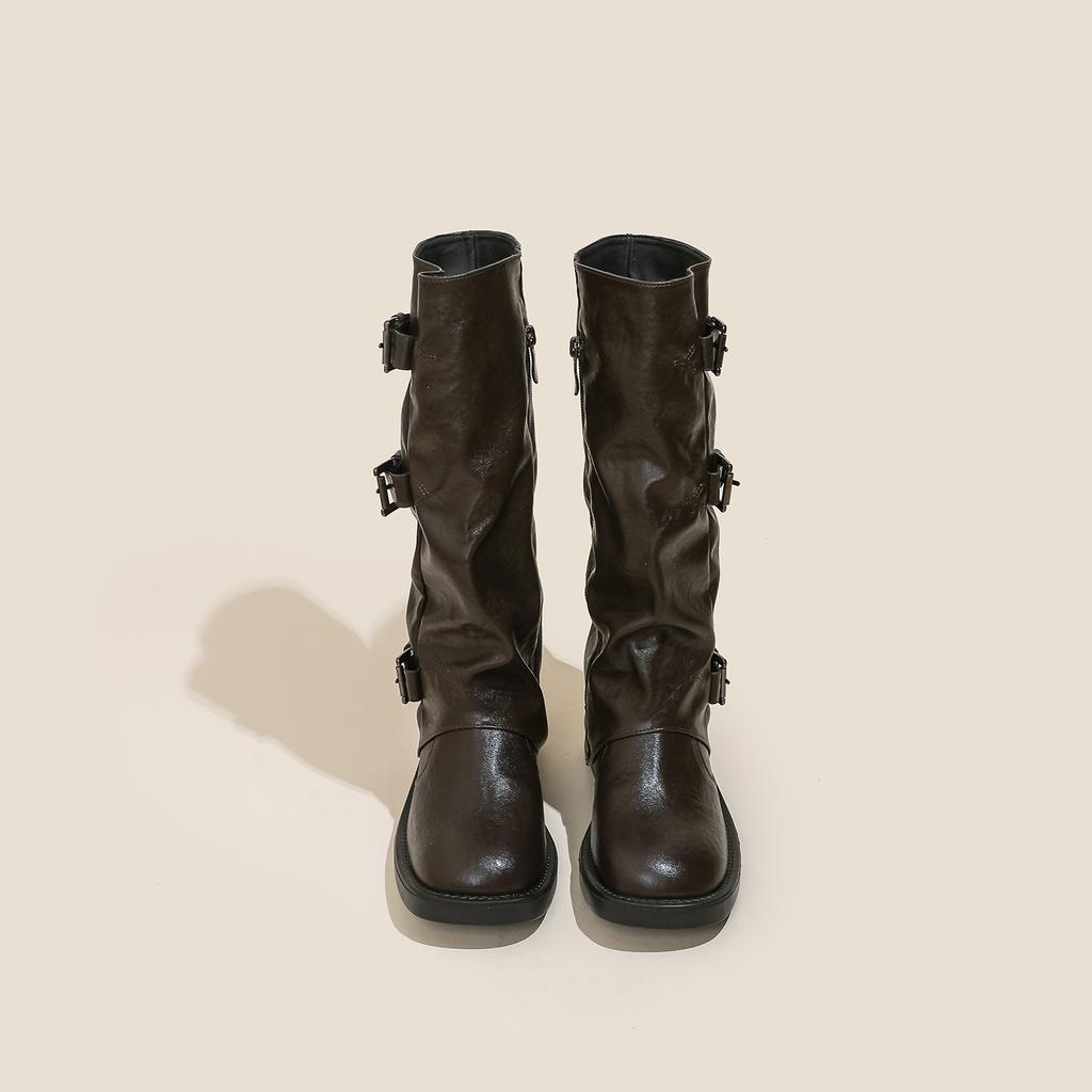 Kleiner Mann aber kniehohe Stiefel mit dicker Sohle Damen 2025 Herbststiefel dicker Absatz Schnalle Gürtel mittelhoher Schaft Faltenstiefel Damen