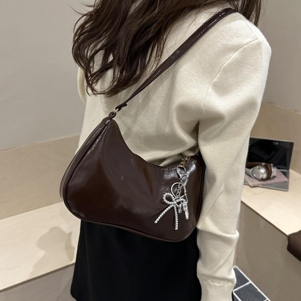 Bow Pendant Oil Wax Leather Crossbody Bag Elegant Underarm Bag Fashion Crescent Bag Casual Wear