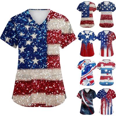 Moda feminina, decote em V, manga curta, roupa de trabalho com bolsos, tops estampados com o Dia da Independência