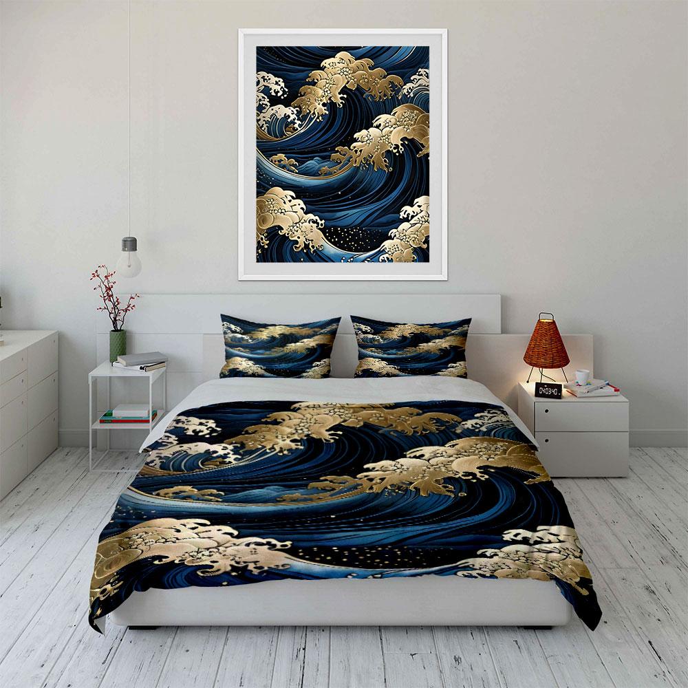 Golden Wave Pattern Decor Set Soft Comfortable Duvet Cover Bedding Set Included 1*Duvet Cover & 2*Pillowcases, Gift