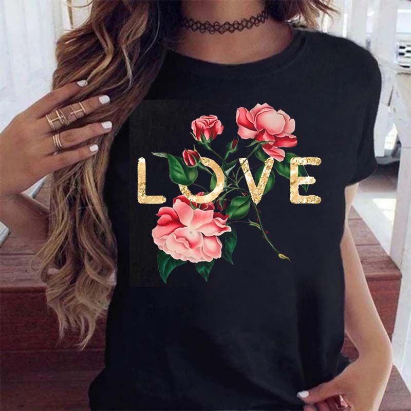 New Women T Shirt Gold Letter Love Print T Shirt Female Short Sleeve Tops Tee 90s Girls Black T-shirt Women Casual Tee Shirts