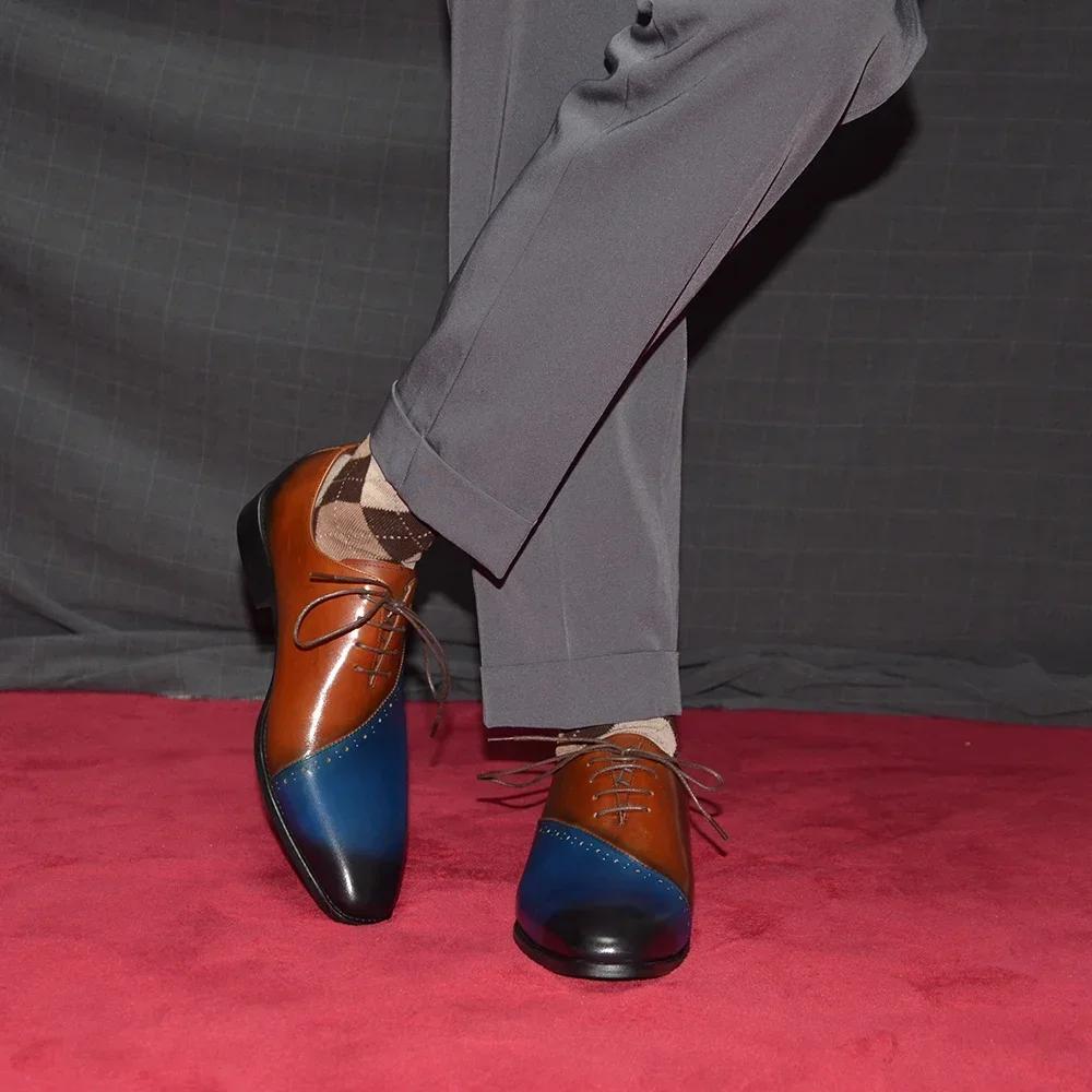 Hochwertige Herren-Hochzeitsschuhe Echtes Leder Spitzschuh Schnürschuhe Braun Blau Party Dinner Oxfords Formelle Schuhe für Herren