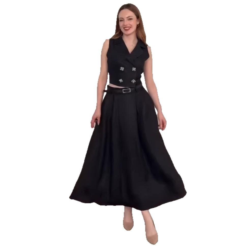 Cross-border European and American Women's Clothing  Amazon V-neck Versatile Button Belt Sleeveless A-word Versatile Long Dress Set