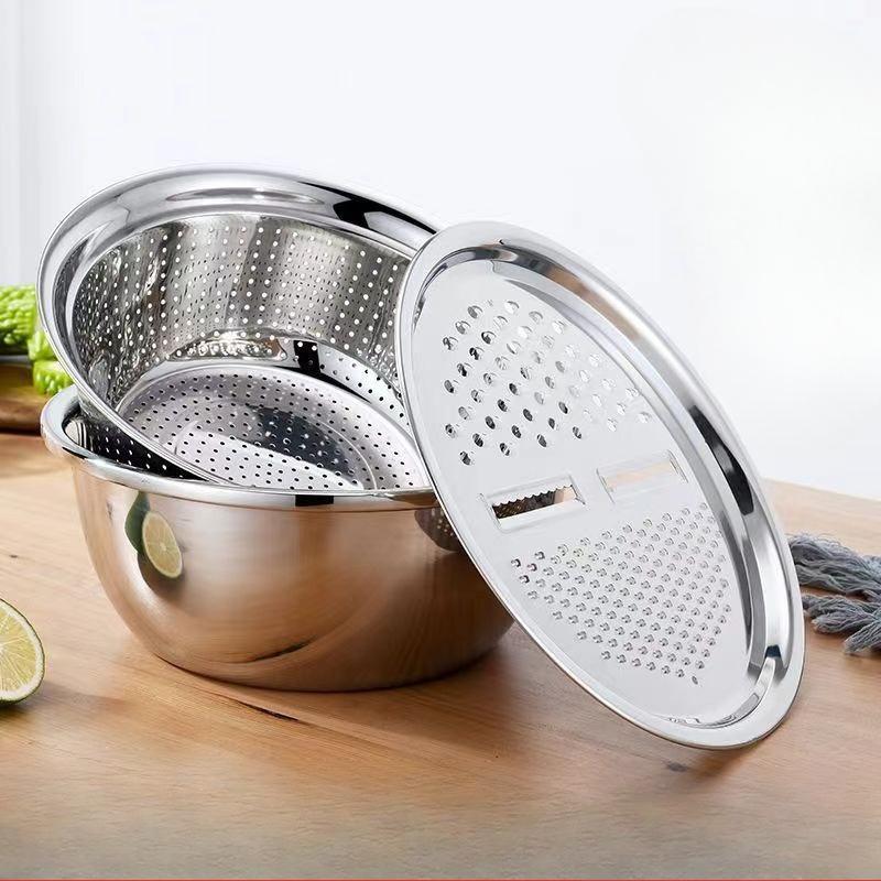 

3pcs Kitchen Kit with Stainless Steel Multifunctional Mixing Bowl Vegetable Slicer - Suitable for Cleaning and Slicing Fruits срібний